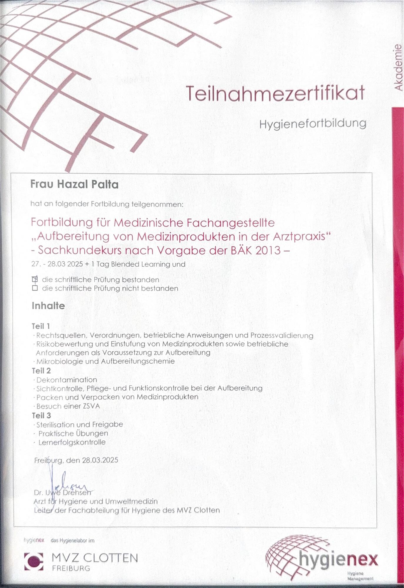 Hygienefortbildung - Frau Hazal Palta